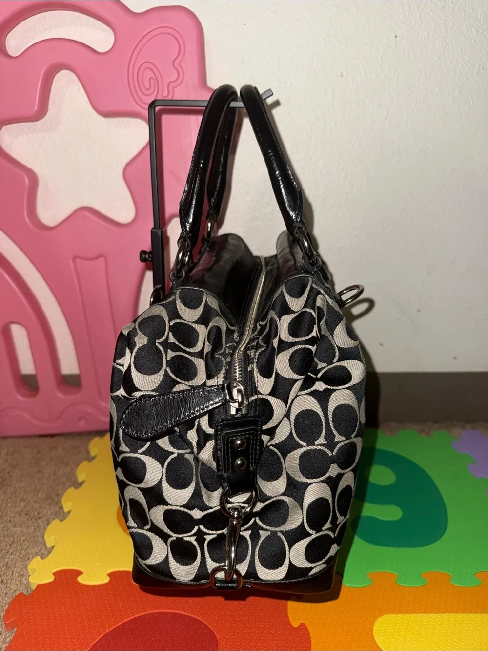 Coach Black and Ivory Logo Satchel with Patent Trim